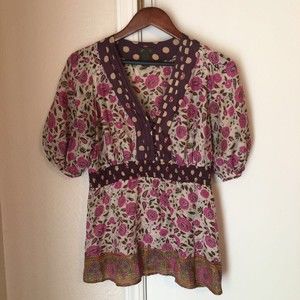 Fei Womens Blouse Multicolor Floral Half Sleeve V Neck Smocked 100% Silk 10